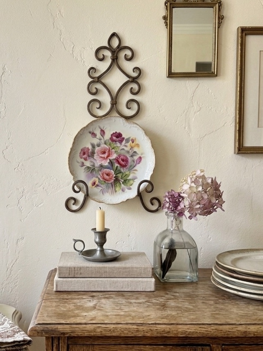 Decorative‎ Vintage Floral Wall Plate with Pink and Purple Roses